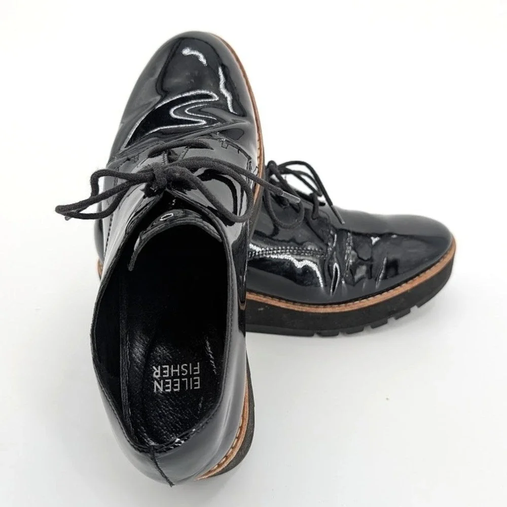 Eileen Fisher Eddy Black Patent Leather Platform Oxfords‎ Shoes Size 7